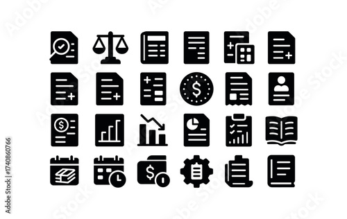 vector solid black filled icons Accounting (Types) accounting, audit, balance, ledger, entry, double, single, debit, accounting.
