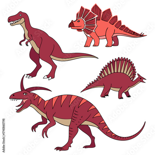 Collection of four cartoon dinosaurs including a tyrannosaurus rex and stegosaurus