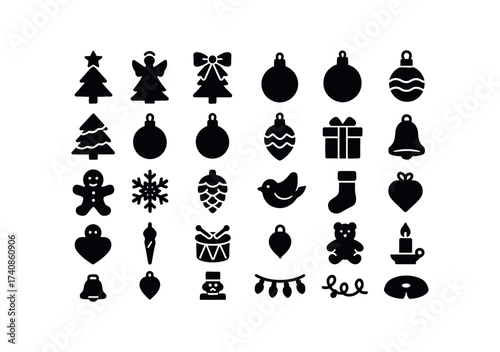 vector solid black filled icons Christmas Trees (Decorations) star, topper, angel, ribbon, bow, silver, garland, gold, red, bauble, green, blue, candy, cane, gingerbread, man.