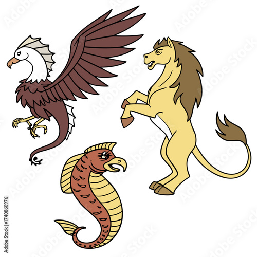 Collection of mythical creatures including a griffin a hippocampus and a rearing horse with lion mane