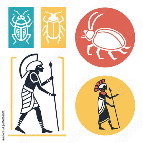 Collection of stylized egyptian hieroglyphs featuring scarab beetles and ancient warriors in vibrant colors
