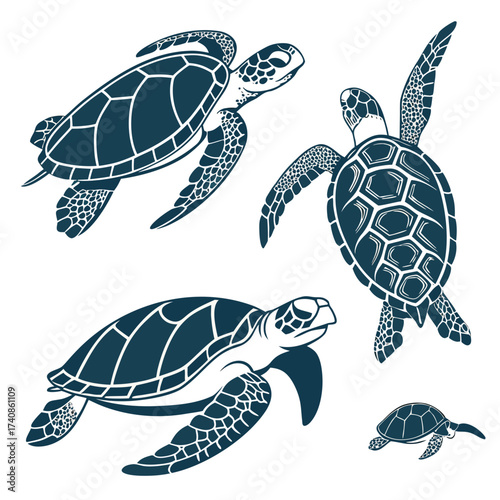 Collection of stylized dark blue sea turtles swimming in different directions on a white background