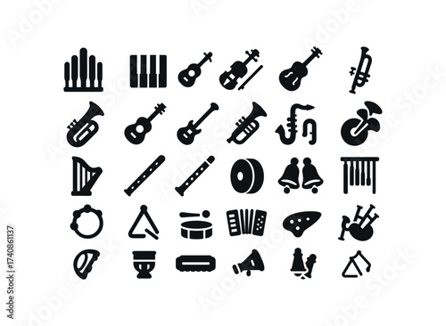 vector solid black filled icons Christmas Music (Instruments) church, organ, piano, keys, violin, bow, cello, body, guitar, acoustic, electric, trumpet, horn, trombone, slide, tuba, bell, flute.