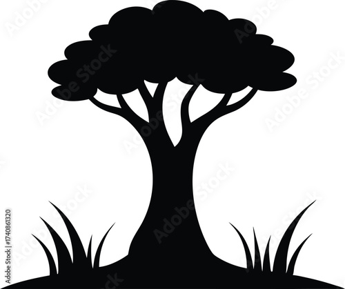 Mangrove Tree with Grass Silhouette Vector Illustration, Black Mangrove Tree and Grass Silhouette Landscape, Mangrove Forest Silhouette with Grass Vector Art