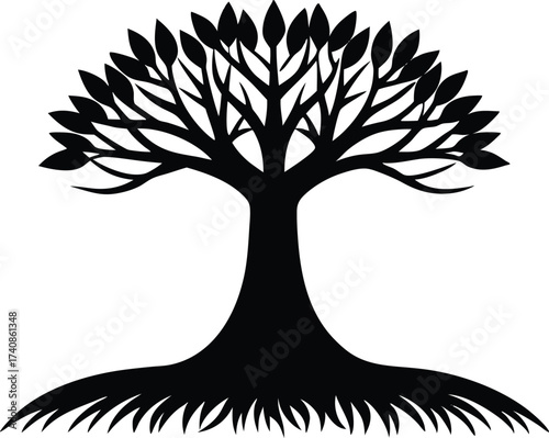 Mangrove Tree with Grass Silhouette Vector Illustration, Black Mangrove Tree and Grass Silhouette Landscape, Mangrove Forest Silhouette with Grass Vector Art