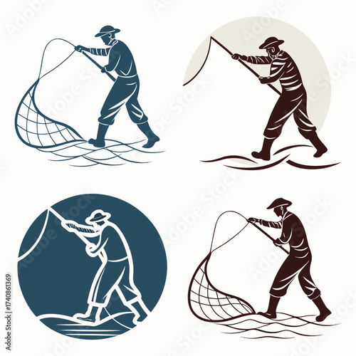 Fisherman silhouette with net in water vector illustration set for fishing and outdoor activity designs
