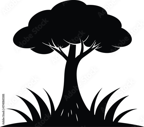 Mangrove Tree with Grass Silhouette Vector Illustration, Black Mangrove Tree and Grass Silhouette Landscape, Mangrove Forest Silhouette with Grass Vector Art