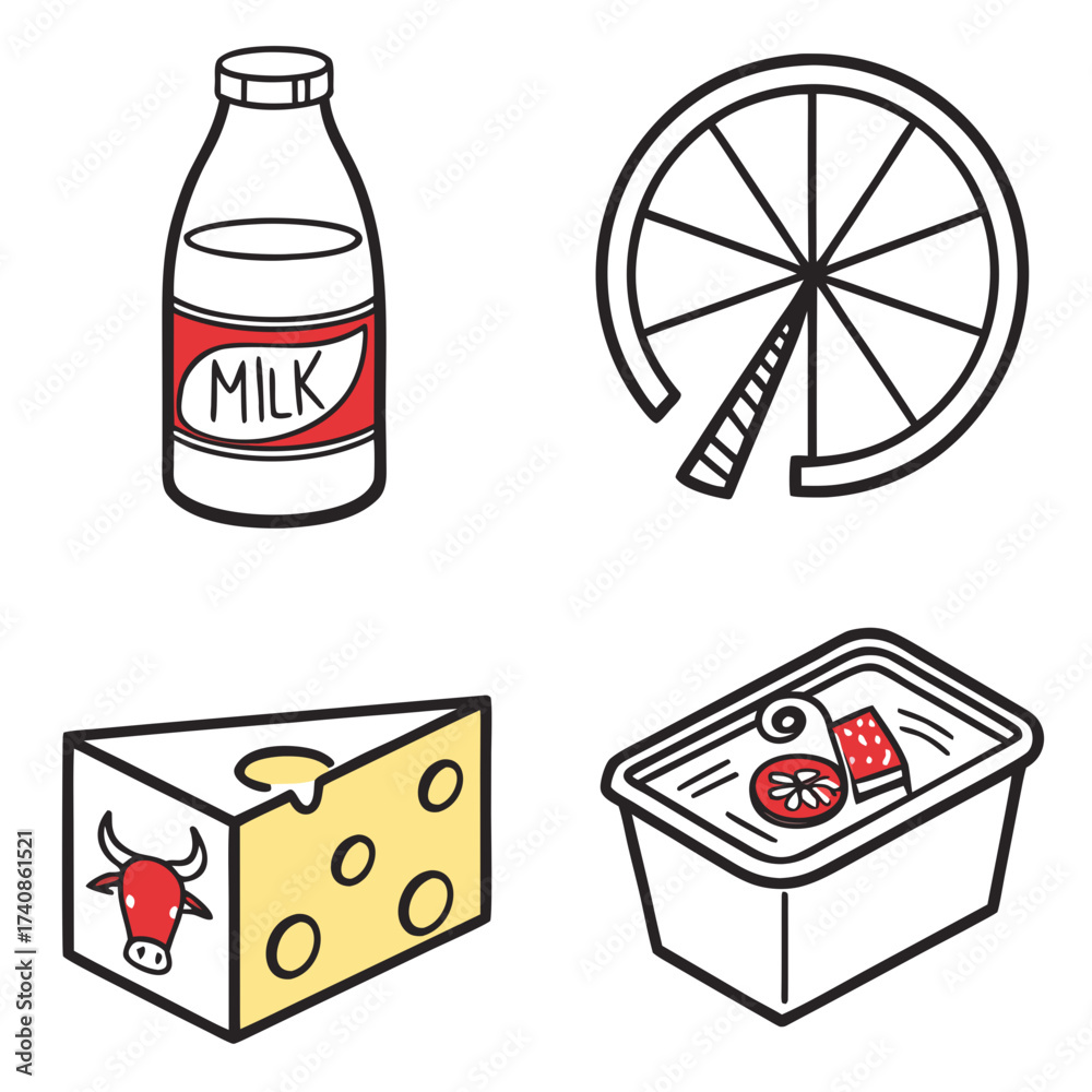 Naklejka premium Hand drawn icons of milk cheese citrus fruit and food container with ingredients on white background