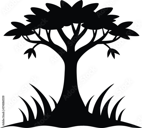 Mangrove Tree with Grass Silhouette Vector Illustration, Black Mangrove Tree and Grass Silhouette Landscape, Mangrove Forest Silhouette with Grass Vector Art