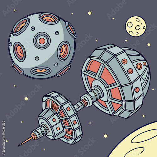 Futuristic space station and alien planetoid floating in a starry cosmic nebula
