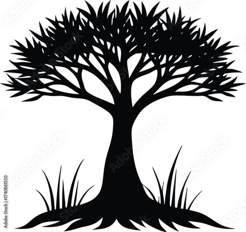 Mangrove Tree with Grass Silhouette Vector Illustration, Black Mangrove Tree and Grass Silhouette Landscape, Mangrove Forest Silhouette with Grass Vector Art