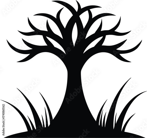 Mangrove Tree with Grass Silhouette Vector Illustration, Black Mangrove Tree and Grass Silhouette Landscape, Mangrove Forest Silhouette with Grass Vector Art
