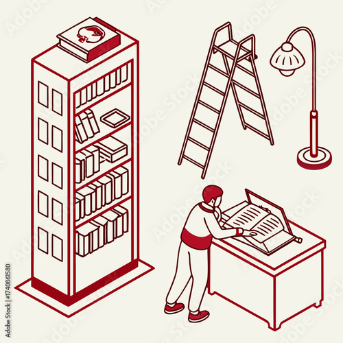 Isometric illustration of a tall bookshelf a stepladder a floor lamp and a person reading a large book at a desk