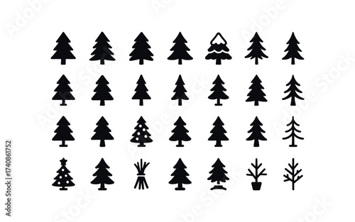 vector solid black filled icons Christmas Trees (Types) pine, tree, fir, spruce, snow, covered, frosted, tips, white, mini, tabletop, tall, slim, artificial, real.
