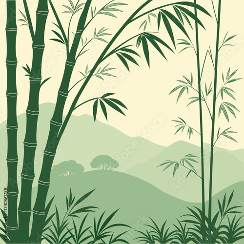 Serene green bamboo forest with rolling hills and gentle breezes in a calm landscape