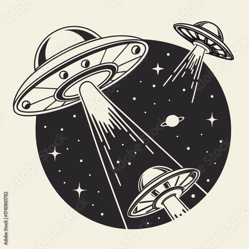 Retro style illustration of three flying saucer ufos in outer space with stars and a planet