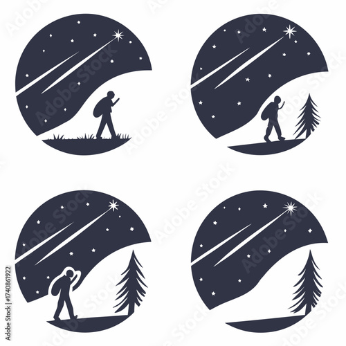 Silhouette of a hiker looking at a shooting star in a night sky with trees and grass