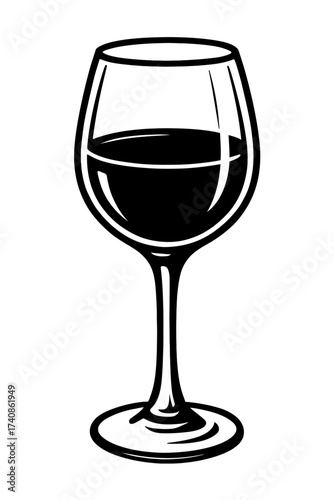 Black and white vector illustration of a classic wine glass with red wine, perfect for menus, bar decor, restaurant branding, and beverage ads, offering a timeless, elegant aesthetic. Cheers!