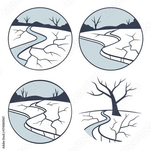 Stylized cracked earth and winding river scenes with bare trees and minimalist landscape elements