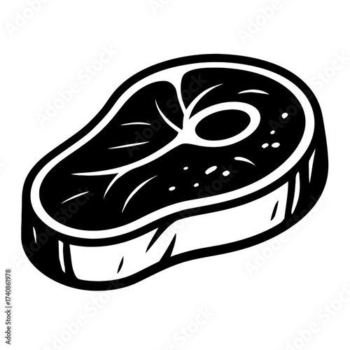 Classic Black and White Beef Steak Illustration: A detailed vector graphic depicting a raw, premium meat cut with marbling, perfect for culinary designs, butcher shops, restaurant menus, and food-rela