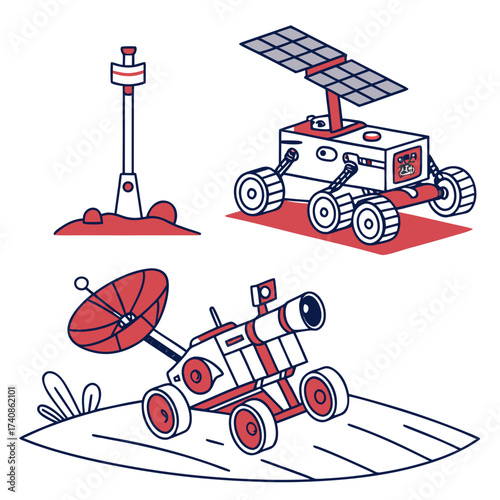 Stylized illustrations of space exploration rovers and a landing module in red white and blue