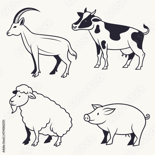 Stylized line art illustrations of farm animals including a goat cow sheep and pig