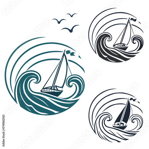 Stylized sailboats navigate choppy seas with soaring seagulls in a graphic nautical design