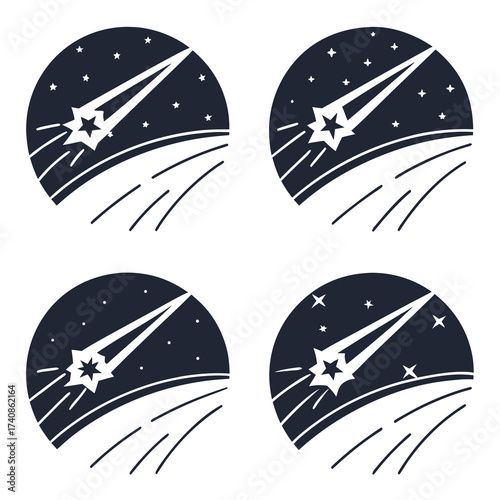 Stylized shooting star with a starburst tail streaks across a dark night sky with stars and abstract lines