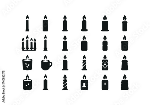 vector solid black filled icons Christmas Candles (Types) taper, candle, pillar, votive, tea, light, advent, tall, short, red, green, white, gold.