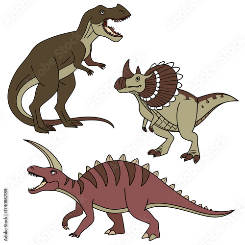 Three distinct cartoon dinosaurs tyrannosaurus rex triceratops and a horned herbivore depicted on a white background