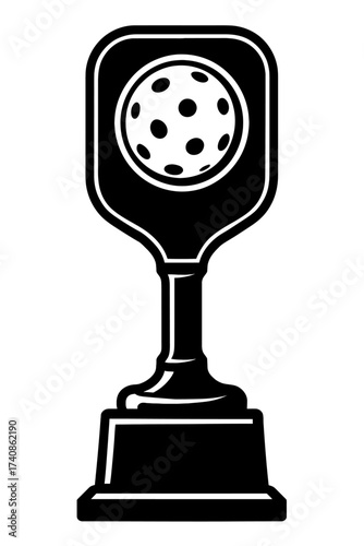 A distinguished black and white vector silhouette of a pickleball championship trophy, artfully designed with a paddle-shaped top showcasing a detailed pickleball ball, mounted on a solid, elegant bas