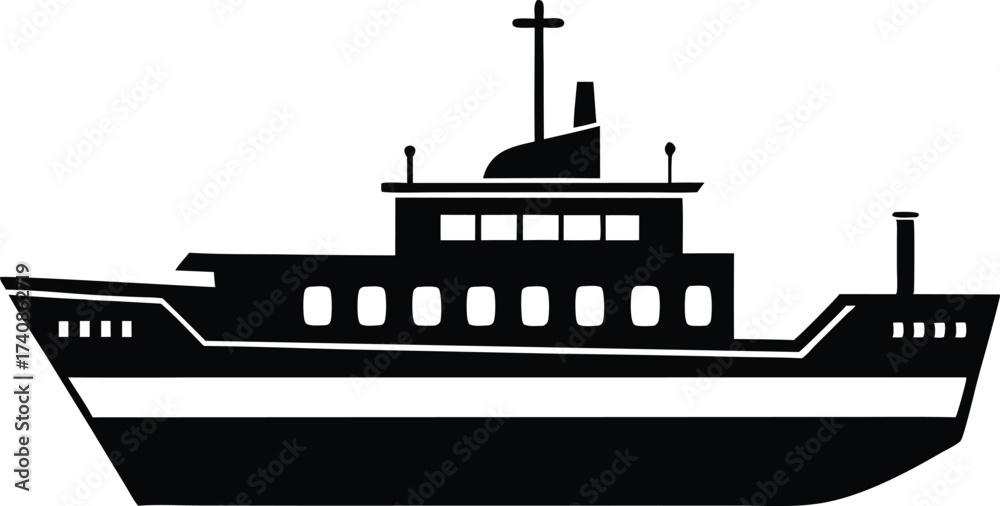 Obraz premium Maritime Ship Silhouette Vector Illustration. Cargo Ship Silhouette on the Ocean Vector, Sailing Ship Silhouette Vector for Logo and Design.