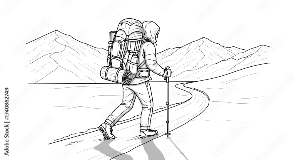 Fototapeta premium Backpacker hiking on snowy trail, exploring winter wilderness