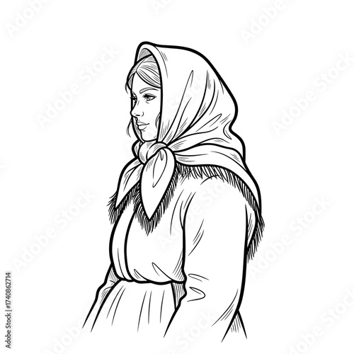 Village woman in headscarf during winter, showcasing traditional rural attire