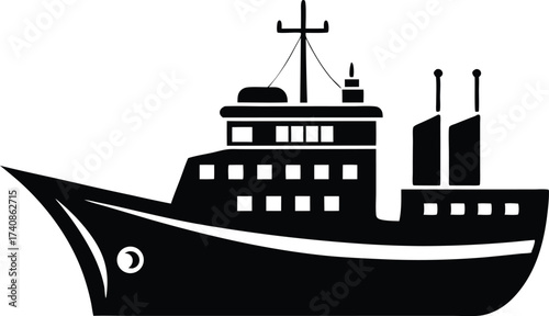 Maritime Ship Silhouette Vector Illustration. Cargo Ship Silhouette on the Ocean Vector, Sailing Ship Silhouette Vector for Logo and Design.
