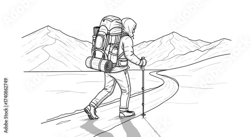 Backpacker hiking on snowy trail, exploring winter wilderness