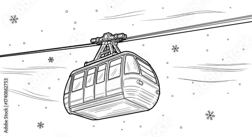 Cable car in blizzard, navigating snowy landscape high above