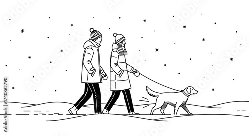Couple walking dog in snow, enjoying winter stroll together