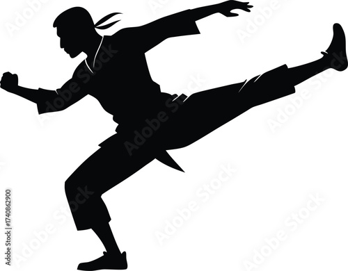 Kung Fu Martial Arts Silhouette Icon. Martial Artist in Fighting Pose Silhouette, Chinese Martial Arts Silhouette Symbol.