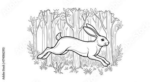 Hare leaping through a forest with natural scenery and copy space