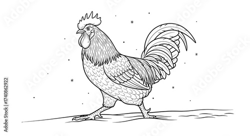 Rooster walking in the snow with winter scenery and copy space