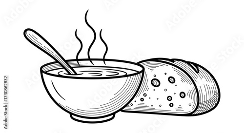 Bowl of hot soup with sourdough bread and copy space