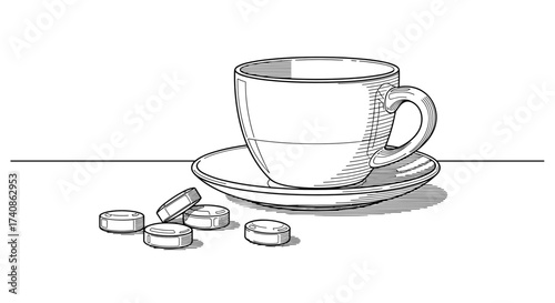 Throat lozenges placed near a cup on a saucer with copy space