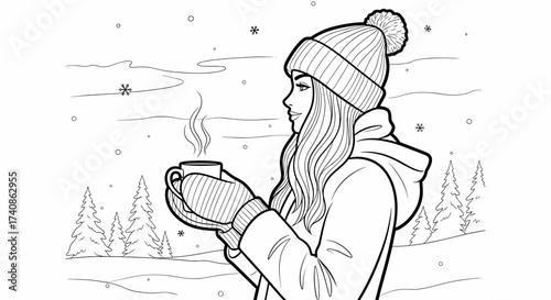 Woman holding a mug in the snow with a winter landscape and copy space