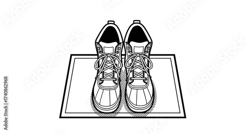 Winter boots placed on a doormat with copy space