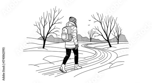 Woman walking on snowy trail in winter landscape 