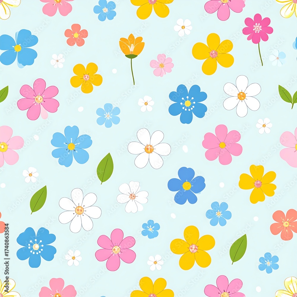 Obraz premium A vibrant, repeating pattern of stylized flowers on a light-blue background