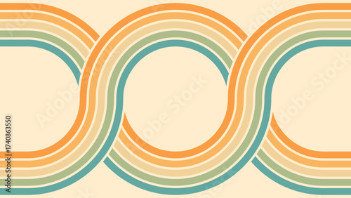 Abstract background of rainbow groovy Wavy Line design in 1970s Hippie Retro style. Vector pattern ready to use for cloth, textile, wrap and other.