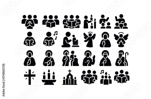 vector solid black filled icons Christmas Traditions (Religious) mass, praying, singing, reading, lighting, blessing, preaching, bible, praying.