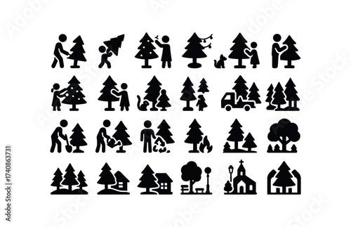 vector solid black filled icons Trees (Scenes) tree, cutting, carrying, decorating, lighting, trimming, admiring, kids, family, pets, near, tree.